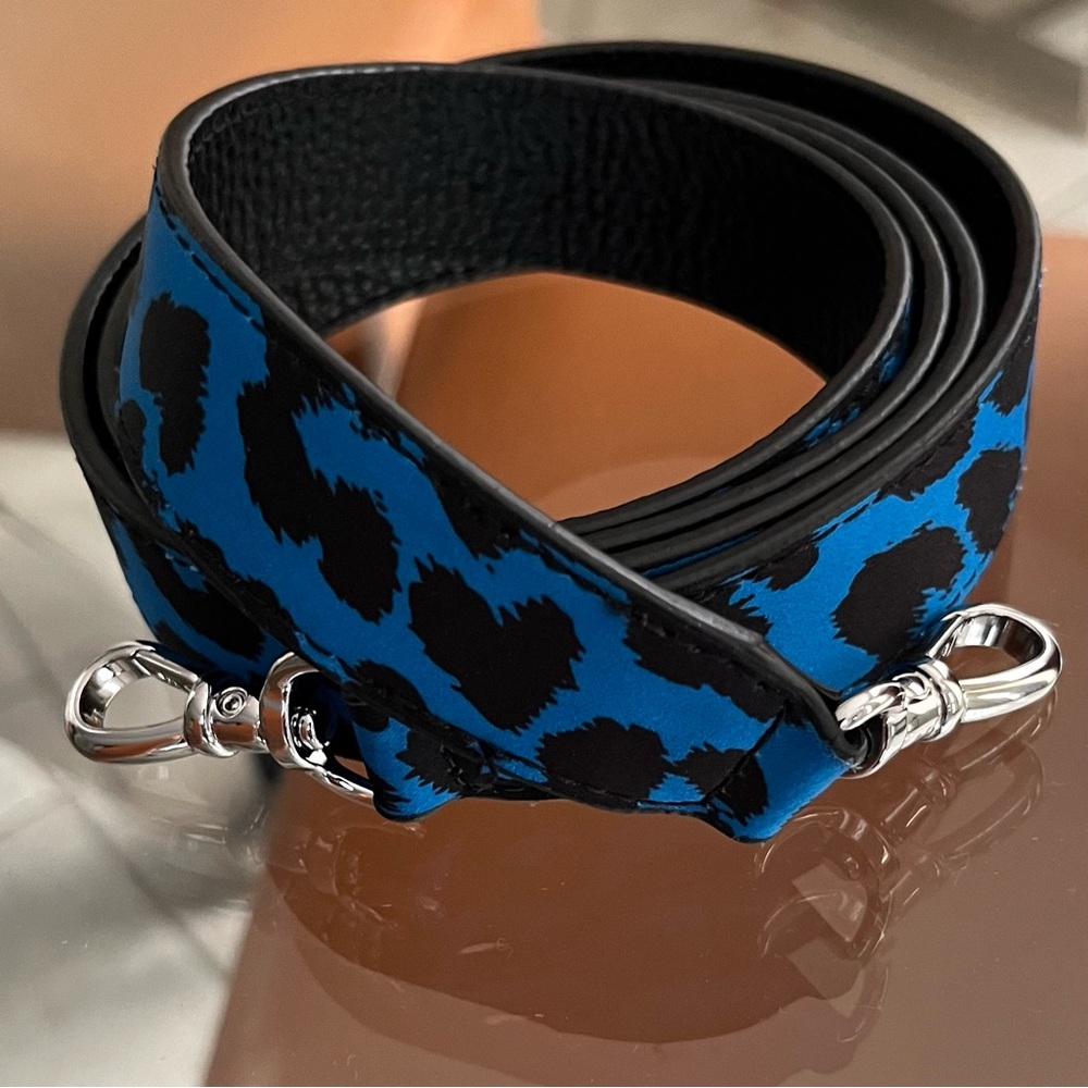 Blue and Black Leopard Print Bag Strap with Silver Hardware NEW silk like feel